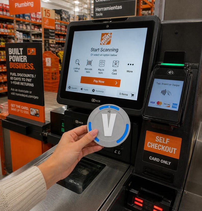 May include: A circular gray payment token featuring a prominent white letter V in the center and blue accent segments along the perimeter, held in front of a black NCR self-checkout kiosk with a screen displaying The Home Depot logo and interface.