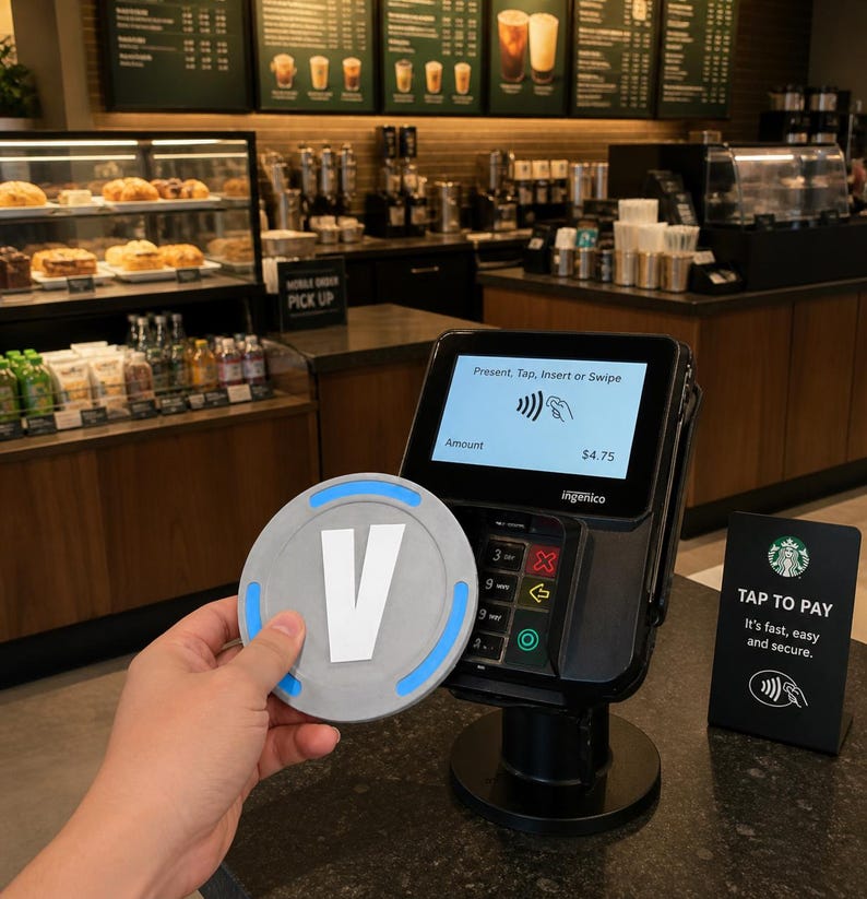 May include: A black Ingenico payment terminal with a screen displaying "Present, Tap, Insert or Swipe" and an amount of $4.75. A circular grey token with a large white letter V and blue accents is held in front of the device near a tap-to-pay sign.