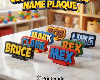 Targa personalizzata 3D con nome da supereroe / Decorazione per cameretta in stile fumetto