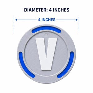 May include: A circular gray token featuring a large white letter V in the center, accented by a blue ring and a small Wi-Fi symbol icon above the letter. The text DIAMETER: 4 INCHES is displayed above the object, which measures 4 inches across.