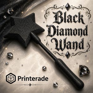 A black star-shaped wand with a textured surface, sparkling with glitter, and a long handle. The words "Black Diamond Wand" are displayed in an ornate font. The image includes scattered diamond-shaped gems and the Printerade logo.