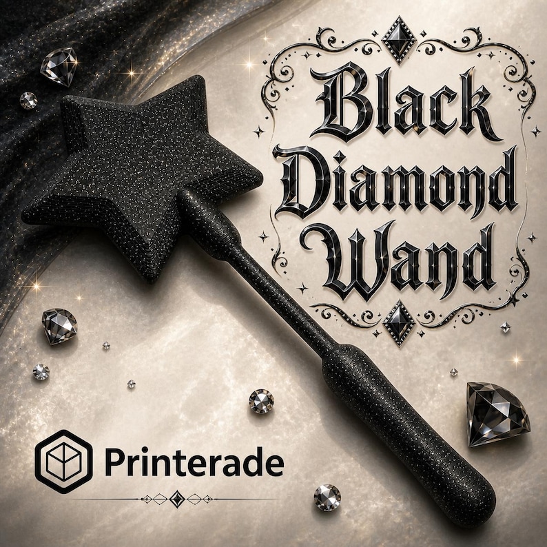 A black star-shaped wand with a textured surface, sparkling with glitter, and a long handle. The words "Black Diamond Wand" are displayed in an ornate font. The image includes scattered diamond-shaped gems and the Printerade logo.