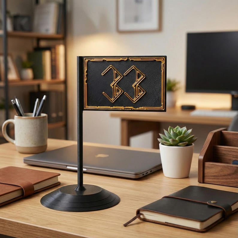 May include: A black desk flag with the number "33" in gold. The flag is rectangular with a gold border and is mounted on a black pole and base. The flag is on a wooden desk with a laptop, notebooks, and a small potted succulent.