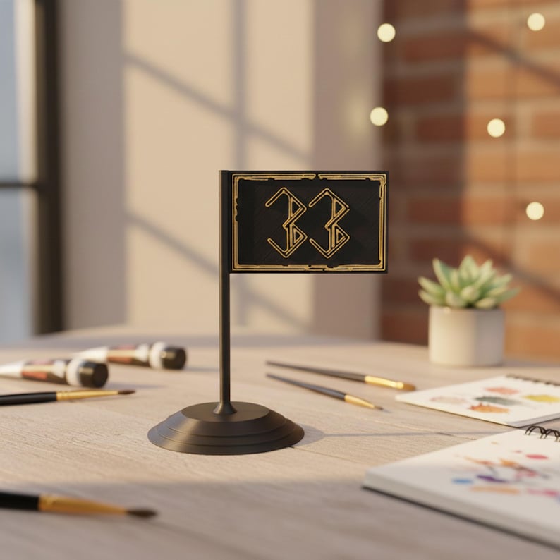 May include: A black table flag with the number "33" in gold, set on a round base. The flag is on a table with paintbrushes, a small succulent plant, and art supplies. The background includes a brick wall and a window.