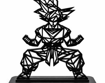 Goku Wire Art Sculpture, Low Poly Saiyan Figure, Geometric Anime Statue (6" Tall)