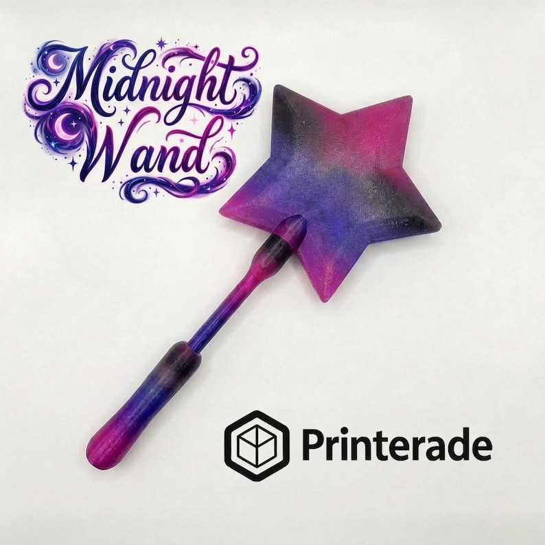 A star-shaped wand with a gradient of pink, purple, and black. The handle is a matching gradient. The text "Midnight Wand" is in a stylized script with celestial accents. The logo for "Printerade" is at the bottom.