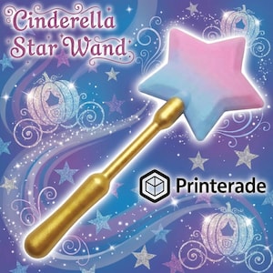 A star-shaped wand with a gold handle and a pink and blue star. The text "Cinderella Star Wand" is at the top. The background is a starry, swirling design with pumpkins and stars.