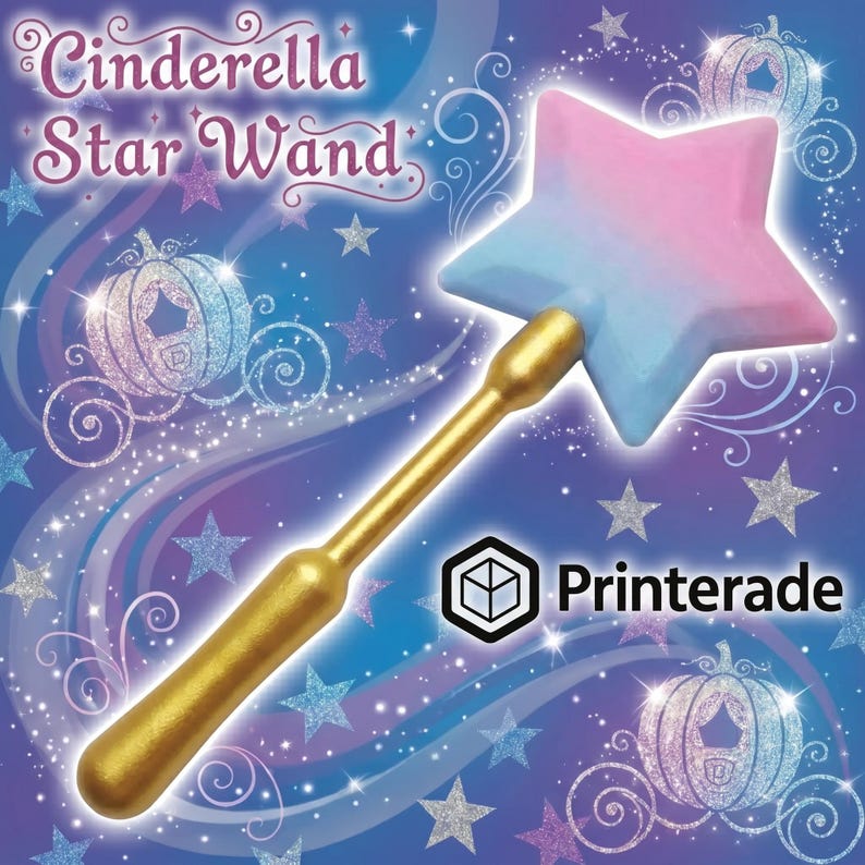 A star-shaped wand with a gold handle and a pink and blue star. The text "Cinderella Star Wand" is at the top. The background is a starry, swirling design with pumpkins and stars.