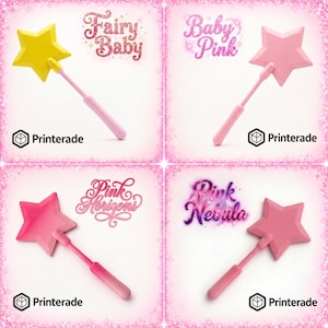 Four colorful star-shaped wands with pink handles. The wands are in shades of yellow, light pink, and hot pink. Each wand has a different text overlay: "Fairy Baby", "Baby Pink", "Pink Horizons", and "Pink Nebula". The Printerade logo is in each corner.