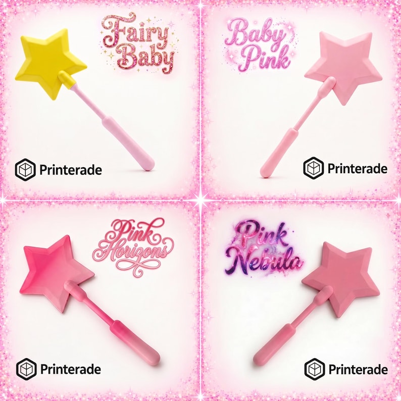 Four colorful star-shaped wands with pink handles. The wands are in shades of yellow, light pink, and hot pink. Each wand has a different text overlay: "Fairy Baby", "Baby Pink", "Pink Horizons", and "Pink Nebula". The Printerade logo is in each corner.