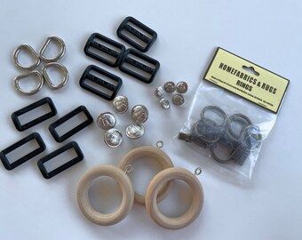 Notions, Buttons, D-rings, curtain hardware, tri-glide adjusters