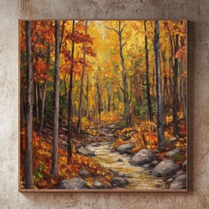 Herbstwald Ölgemälde - Herbstfarben Landschaftsbild, gemütliches Naturposter oder gerahmte Leinwand für saisonale Dekoration