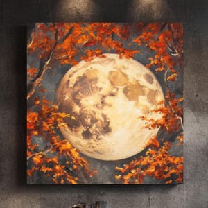 Arte de parede da lua na floresta de outono com atmosfera sombria – Impressão em tela mística de cottagecore, pôster de outono de conto de fadas sombrio ou decoração emoldurada inspirada na natureza