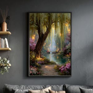 May include: A framed landscape painting shows a tranquil scene with a weeping willow tree, a pathway, and a small bridge over a river. The artwork features vibrant colours, including pink flowers and warm lighting, creating a peaceful atmosphere. The painting is displayed above a grey sofa.