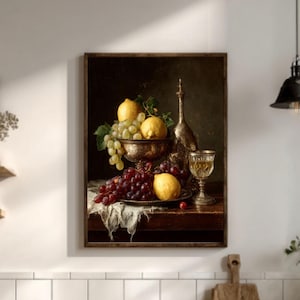 Stilleven met citroen en druiven: Caravaggio en van Eyck-stijl met rijke schaduwen en details | Barok canvas, poster of ingelijste print