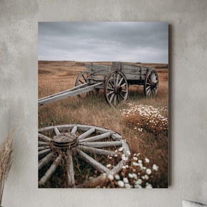 Old Wooden Cart in Field – Rustic Autumn Scene with Wildflowers & Gray Sky | High-Res Poster, Canvas, or Framed Country Wall Art