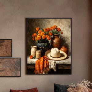 Mexican Still Life Art – Sombrero, Marigolds & Candles with Rustic Decor | Vintage Poster, Canvas, or Framed Wall Print