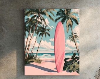 Vintage Pink Surfboard Print: Retro Beach Palm Tree Art
