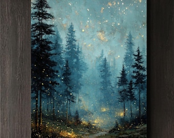 Pintura al óleo vintage de cielo nocturno, pinos, luciérnagas sobre lienzo