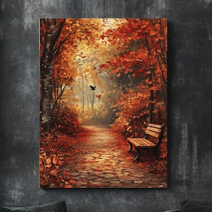 Rustikaler Herbstwald – Ölgemälde mit Kopfsteinweg, Holzbank, Herbstlaub, ruhiges Poster oder Leinwand