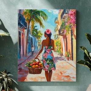 Cuban Woman with Tropical Fruit – Vibrant Florida Street Scene Oil Painting, Palm Trees & Flowers in Dainton Fingar Style Wall Art Print