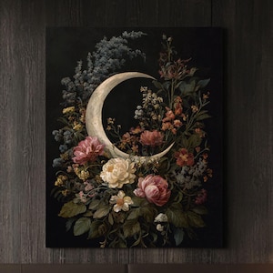 Crescent Moon Floral Art – Vintage Style Cottagecore Poster, Canvas or Framed Wall Decor with Dark Background & Botanical Design
