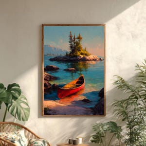 Vintage Red Canoe Lake Art – Tranquil Mountain Shore Scene with Soft Light & Warm Nostalgic Feel on Poster, Canvas, or Framed Print