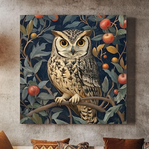 William Morris Owl Art Print – Vintage Woodland Animal in Floral Tapestry Style – Poster/Canvas/Framed Canvas Wall Decor