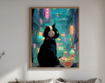 Cyberpunk Cat Ramen Anime Art – Neon City Poster