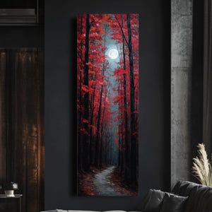 Roter Ahorn Waldweg im Mondlicht – Realistisches Ölgemälde mit dunklen Tönen, Herbstlaub & Holzrahmen