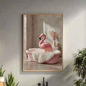 Pink Bathtub Flamingo Art – Quirky Bathroom Wall Decor with Fur & Grey Wall | Fun Poster, Canvas, or Framed Print