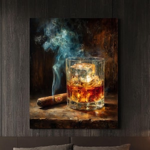 Whiskey & Cigar Smoke Art – Old-Fashioned Glass with Ice on Dark Wood Table, Oil Painting Style of John Singer Sargent, Canvas or Poster