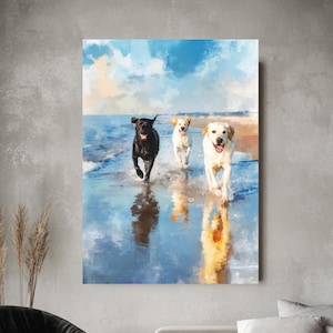 Three Labradors Beach Watercolor – Black and White Dogs Running in Waves, Blue Sky & Sand Poster/Canvas/Framed Coastal Wall Art Décor