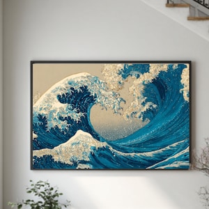 Great Wave Close-Up Print – Hokusai Style Blue & White Wave on Beige – Japanese Canvas or Framed Wall Art – Ocean Themed Decor