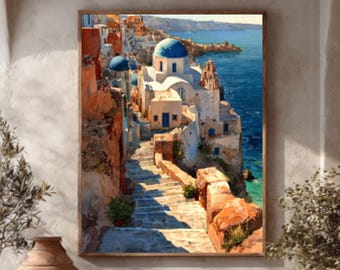 Santorini Watercolor Art – Greek Island, Blue Domes, Coastal Decor