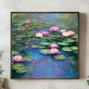 Monet Style Water Lilies Art Print - Soft Pastel Pink & Green Impressionist Poster, Canvas or Framed Wall Decor