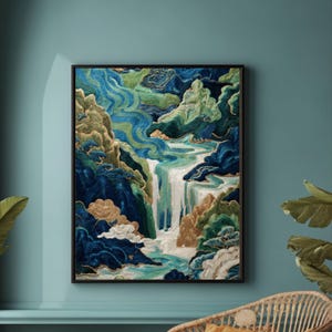 Chinese Embroidery Style Waterfall Art Print – Vivid Indigo, Gold & Green Landscape Poster or Canvas Wall Decor