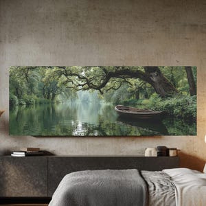 Rowboat on Calm River Canvas – Dark Wood Boat, Tree Reflections & Gentle Ripples in Serene Nature Scene, Framed or Unframed Print