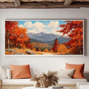 Vintage Herbst Landschaft Wandbild - Rote & Orange Bäume, Blick auf die Berge Ölgemälde, Herbst Weg Poster oder gerahmte Leinwand Dekor