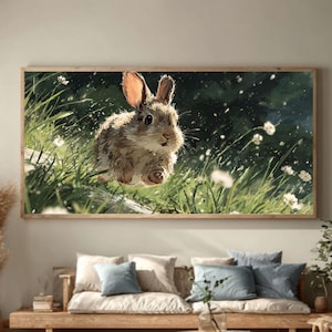 Running Rabbit in Grass – Charming Nature Wildlife Animal Painting on Canvas, Rustic Countryside Wall Art for Farmhouse & Woodland Decor