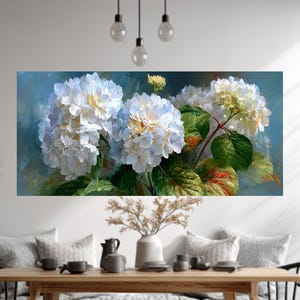 White Hydrangea Canvas – Vintage Style Oil Painting, Soft Blue Background & Green Leaves, Floral Wall Art, Framed or Unframed