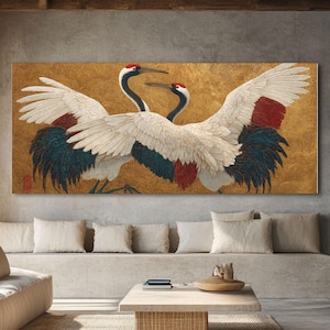 Golden Crane Dance Art – Red-Crowned Cranes in Chinese Meticulous Style on Gilded Background | Canvas or Framed Wall Print