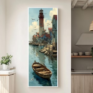 Harbor Town Boat Art – Watercolor Pier Scene with Lighthouse, Houses, Seagulls, Coastal Canvas/Framed Nautical Wall Print