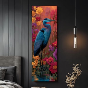 Arte de fantasía de garza azul: lienzo vibrante de aves estilo anime, pintura hiperrealista de la naturaleza, decoración de pared de vida silvestre con tinta húmeda y de ensueño.