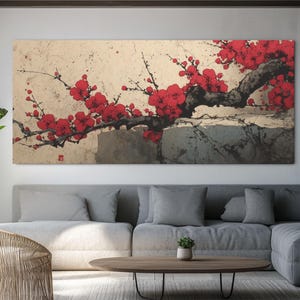 Plum Blossoms on Rocks – Chinese Ink Landscape with Red Flowers & Bold Brushwork on Beige – Canvas or Framed Wall Art Print