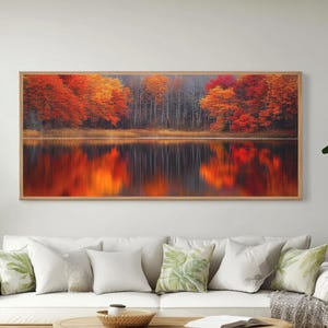 Panorama-Herbstlaub, Wandkunst - Lebendige Herbstbäume im Spiegel von stillem Wasser, bunte Naturleinwand oder Poster für den saisonalen Dekor