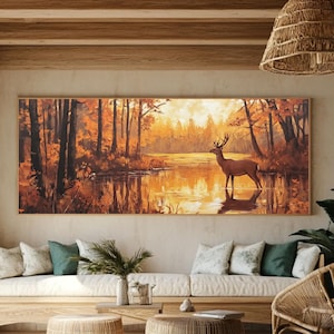 Autumn Deer in Forest Wall Art – Rustic Canvas Painting with Pond & Golden Hour Light, Fall Wildlife Poster or Framed Nature Decor
