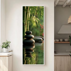 Zen Garden Wall Art – Stacked Stones & Bamboo with Calming Water – Peaceful Canvas or Framed Print for Spa or Meditation Decor