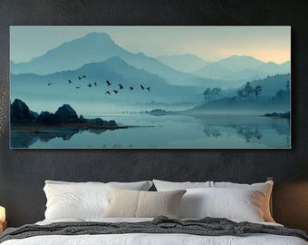 Minimalistische kunst meer en vogels – Zen canvas print op mistige berg