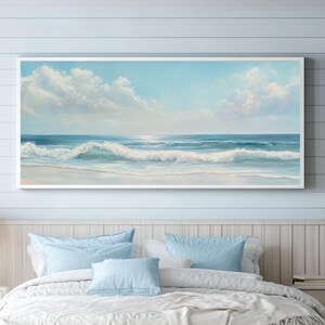 Pintura al óleo del océano con olas y cielo nublado: arte mural costero sobre lienzo o póster